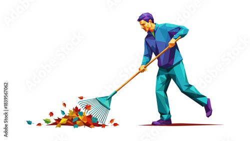Abstract illustration of a person raking colorful autumn leaves on a white background