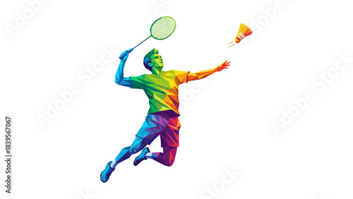 Colorful geometric illustration of a badminton player hitting a shuttlecock