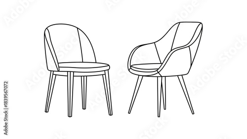 a simple black and white line drawing depicts two modern dining chairs with curved backs and slender legs high quality professional