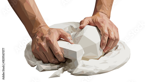 Hands shaping geometric abstract sculpture on white background