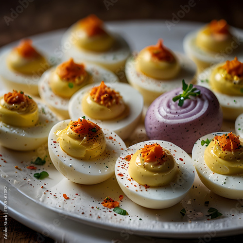 Delicious deviled eggs with unique toppings on a rustic plate