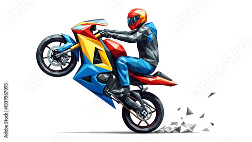 Geometric illustration of a motorcycle doing a wheelie on a white background