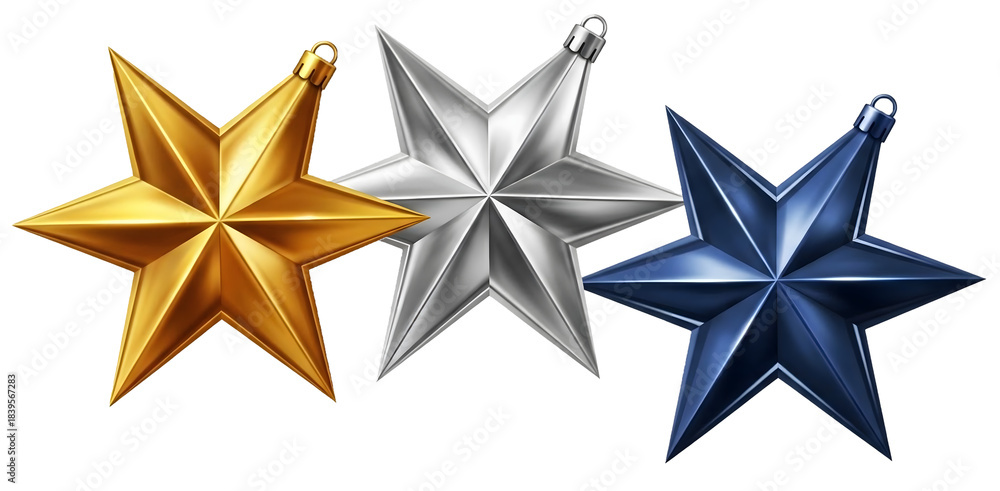 Obraz premium Three realistic metallic stars gold silver blue isolated on transparent background