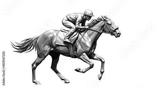 Geometric illustration of a racehorse and jockey in full stride against a white background