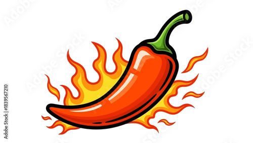 A vibrant cartoon illustration depicts a bright red chili pepper engulfed in stylized orange and yellow flames showcasing heat high quality