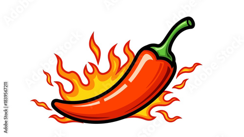 A vibrant cartoon illustration depicts a fiery red chili pepper engulfed in bright orange flames showcasing intense heat and spice