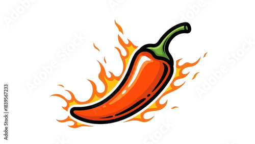 A vibrant illustration depicts a red chili pepper engulfed in fiery orange flames showcasing heat and spice high quality professional detailed