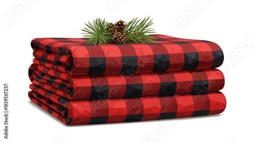 Cozy stack of red and black buffalo check blankets with pinecones and needles