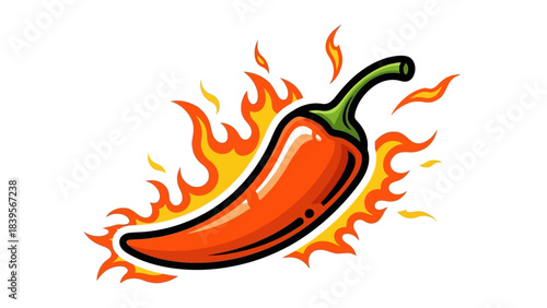 A vibrant illustration depicts a fiery red chili pepper engulfed in orange flames showcasing a bold and spicy design high quality