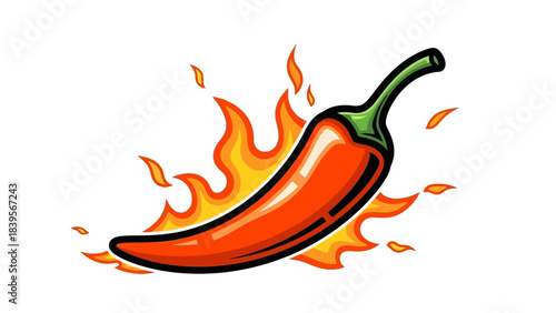 A vibrant illustration depicts a fiery red chili pepper engulfed in bright orange and yellow flames showcasing intense heat and spice