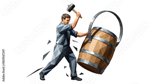 Man smashing a wooden barrel with a hammer, low poly illustration on white