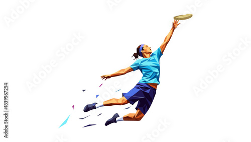 Geometric illustration of a person playing ultimate frisbee against a white background