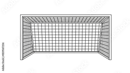 a minimalist illustration of a soccer goal with a white metal frame and a net prominently displayed against a plain white background