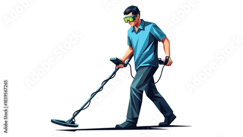 Man using a metal detector in search of hidden treasures, low poly illustration