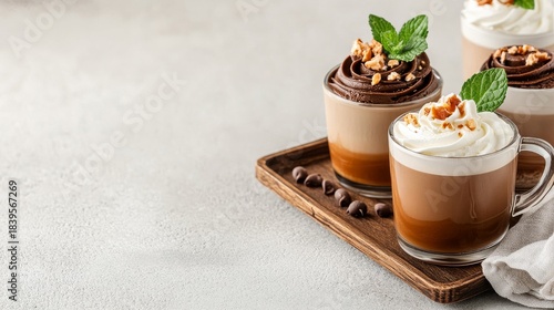 Layered Chocolate Desserts with Cream and Mint on Wooden Tray,Dessert ,Chocolate