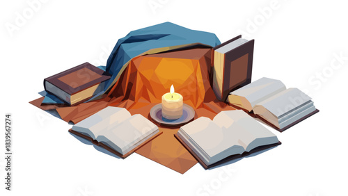 Low-poly illustration of a candle, books, and a draped table setting