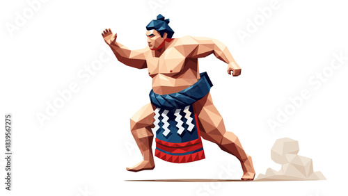 Geometric illustration of a sumo wrestler in action against a white background