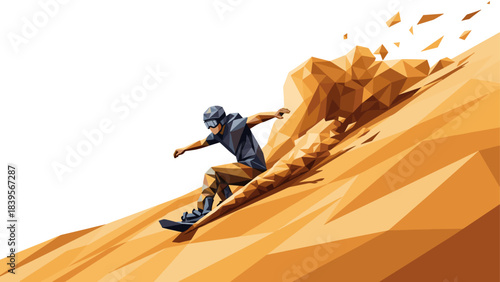 Geometric illustration of a snowboarder carving down a mountain slope