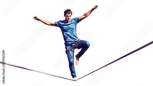 Man balancing on a slackline with arms outstretched against a white background