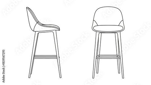 A minimalist depiction of two modern bar stools presented in a linear wireframe style showcasing their design and form high quality