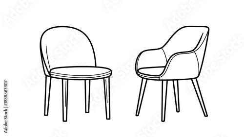 a simple sketch depicts two modern chairs showcasing their curved backs and minimalist design with slender legs and rounded seats