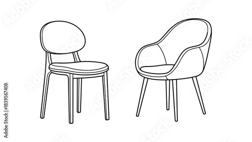 a minimalist illustration depicts two distinct chairs with rounded backs and slender legs showcasing modern furniture design and simple elegance