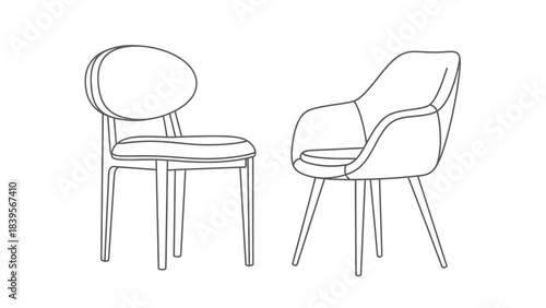 A simple black and white line drawing depicts two modern chairs of differing designs showcasing minimalist furniture aesthetics and elegance