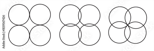 Four intersecting circles set. Circle Venn diagram with four parts. Infographic chart line icon. 4 overlap balance elements diagram. Vector illustration isolated on white background.