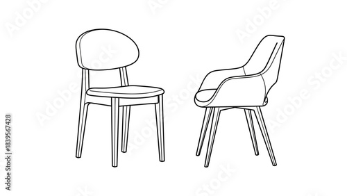 A simple black and white illustration depicts two distinct chair designs showcasing modern furniture aesthetics and minimalist style high quality professional