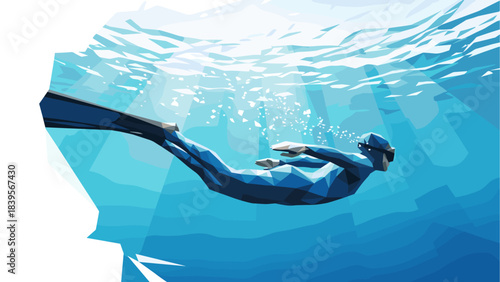 Abstract illustration of a diver swimming underwater in a geometric style