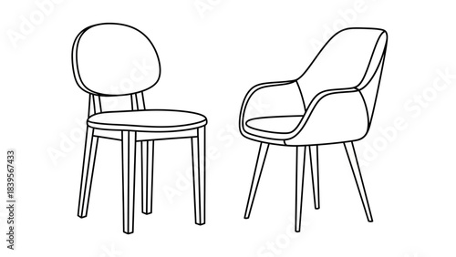 A minimalist illustration showcases two distinct chair designs one with a rounded back and the other with armrests emphasizing simple lines
