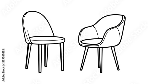 a minimalist black and white line drawing depicts two modern dining chairs side by side emphasizing simple forms high quality professional