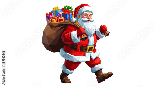 Santa Claus carrying a sack of gifts, walking towards the viewer on a white background