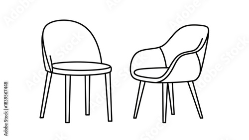 a simple black and white line drawing depicts two modern style chairs facing slightly different directions showing their forms high quality