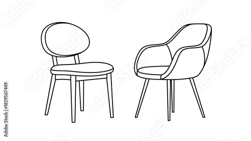 A simple black and white line drawing depicts two modern chairs with distinct designs showcasing elegant furniture aesthetics and minimalist style