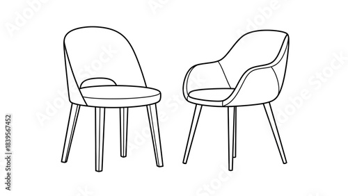 a simple line drawing showcases two modern dining chairs with curved backs and slender legs presented in a minimalist style