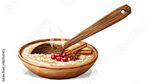 Delicious oatmeal with cinnamon, star anise, and cranberries in a wooden bowl