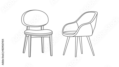 a minimalist black and white line drawing depicts two distinct chairs with unique designs and comfortable seating arrangements high quality professional