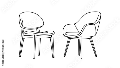 a simple black and white illustration depicts two modern armchairs with curved backs and wooden legs side by side high quality