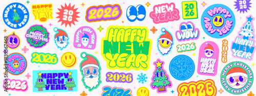 Cool Happy New Year Funky Stickers Collage. Groovy Patches Merry Chrismtas Pattern.