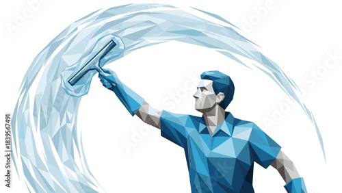 Abstract illustration of a window cleaner with a squeegee and water spray