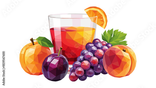 Colorful low poly illustration of a fruit juice drink with fresh fruit