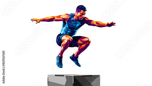 Geometric illustration of a man jumping over a box during a workout