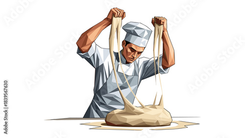 Chef stretching dough in a commercial kitchen, preparing fresh bread and pastries