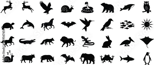 black silhouettes depicting various animals and natural elements on a white background