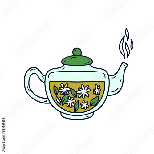Hand drawn doodle hygge glass tea pot icon vector illustration. Cozy home decor clipart