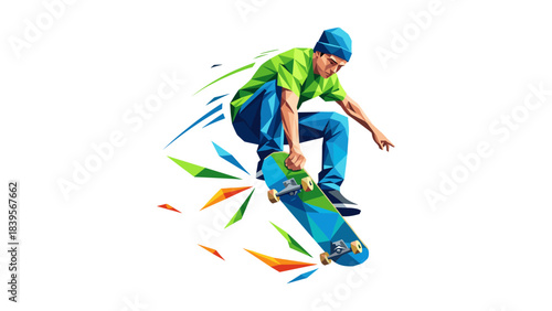 Geometric illustration of a skateboarder performing a trick against a white background