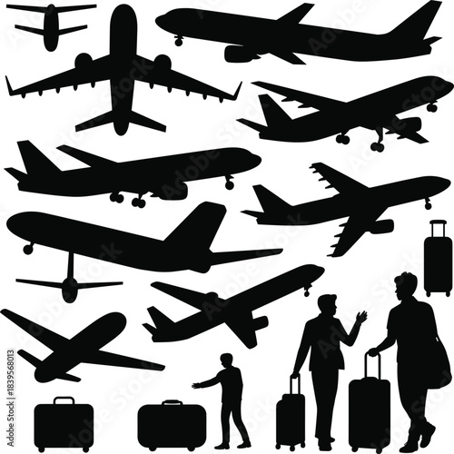 Airplane and traveler silhouettes collection with multiple aircraft, flying jets, luggage, and passengers, vector illustration set for aviation, airport travel, transportation, journey