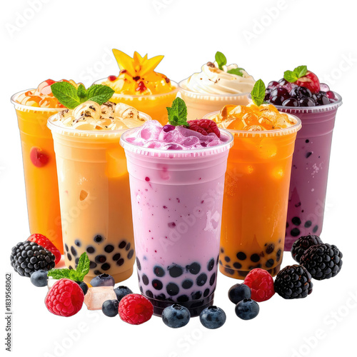 A vibrant assortment of colorful bubble teas and fresh berries set against a deep black background.