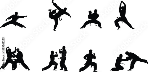 Set of martial arts silhouettes featuring dynamic karate kicks, sparring interactions, self-defense techniques, weapon poses, and training stances for sports, combat, and fitness illustrations